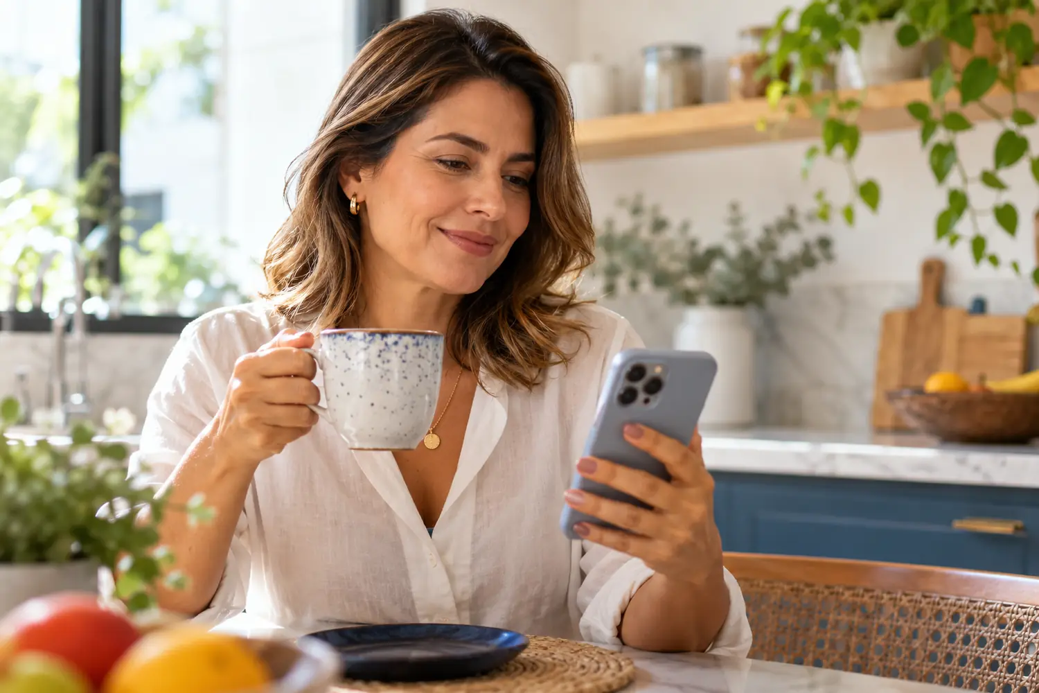 Dona de clínica tomando café pela manhã e olhando o celular com expressão tranquila