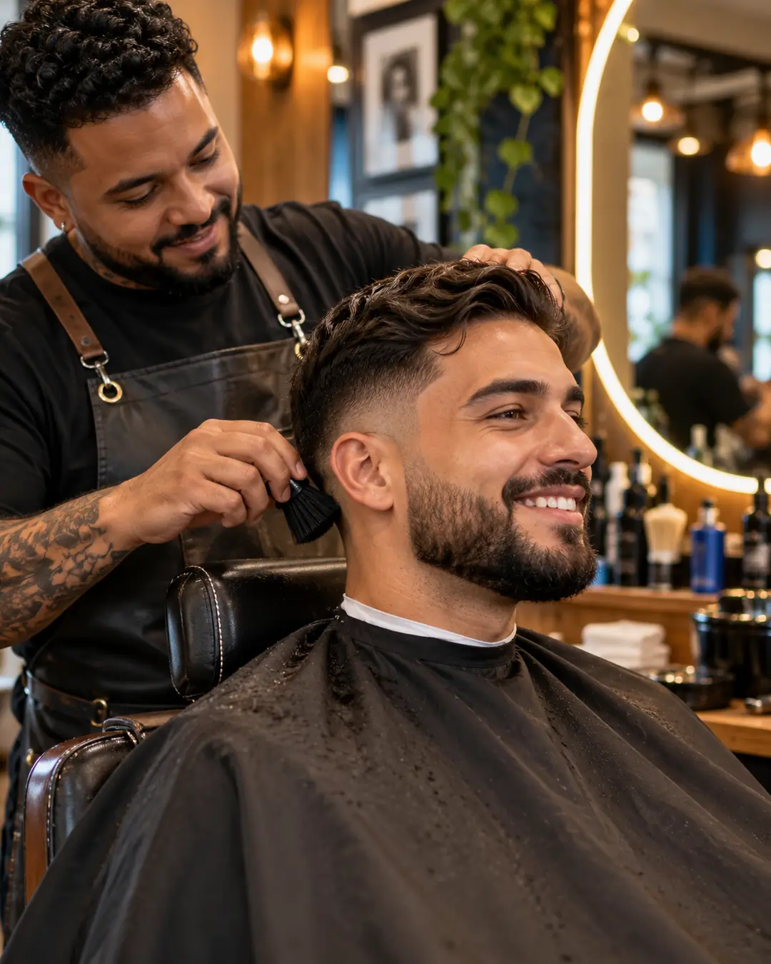 Barbeiro finalizando o corte de um cliente satisfeito